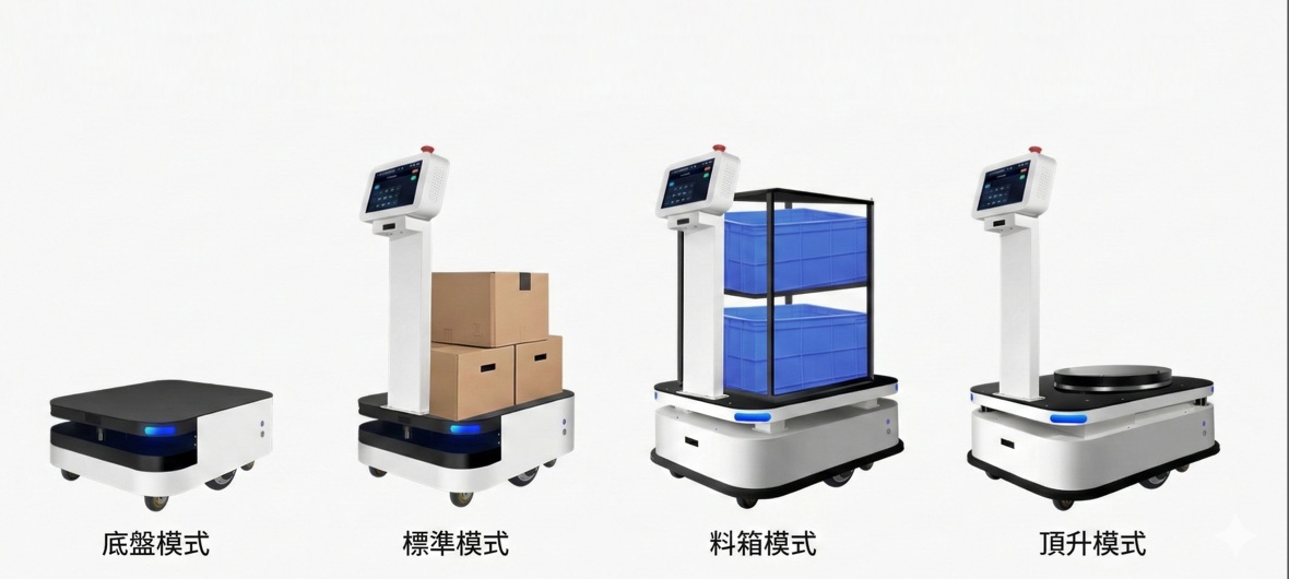 多種外接拓展應用：底盤模式、標準模式、料箱模式、頂升模式